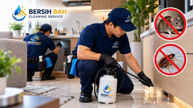 Teknisi Bersih Bah menyemprot area bawah kabinet dapur untuk mengendalikan tikus dan kecoa