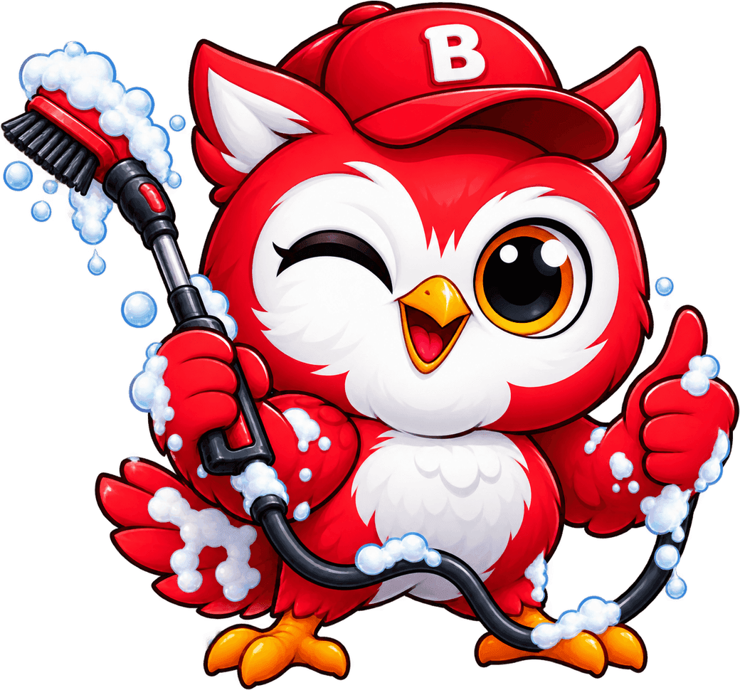 Maskot Bersih Bah — burung hantu merah memegang alat cleaning sambil mengacungkan jempol