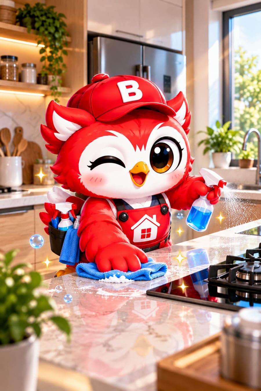 Maskot Bersih Bah mengelap meja dapur