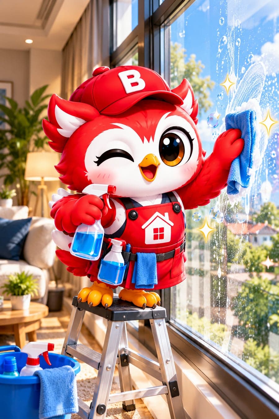 Maskot Bersih Bah membersihkan kaca jendela