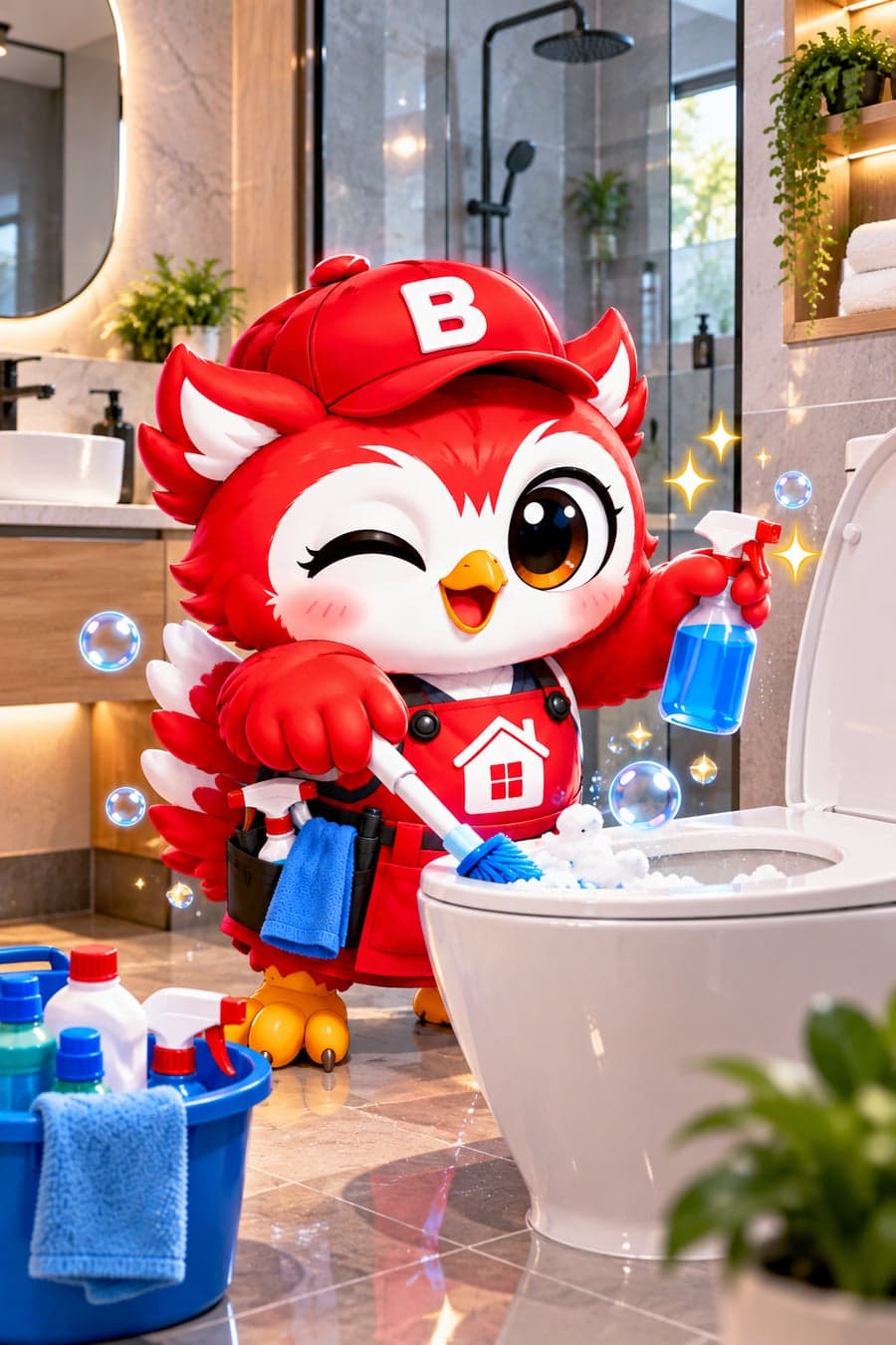 Maskot Bersih Bah menyikat kloset kamar mandi