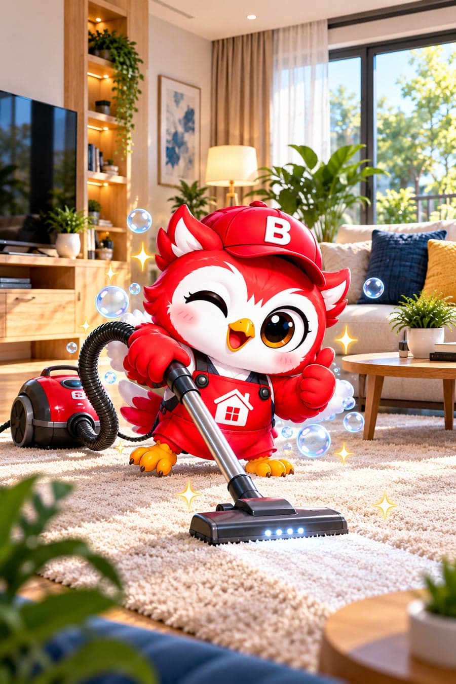 Maskot Bersih Bah menyedot debu karpet dengan vacuum