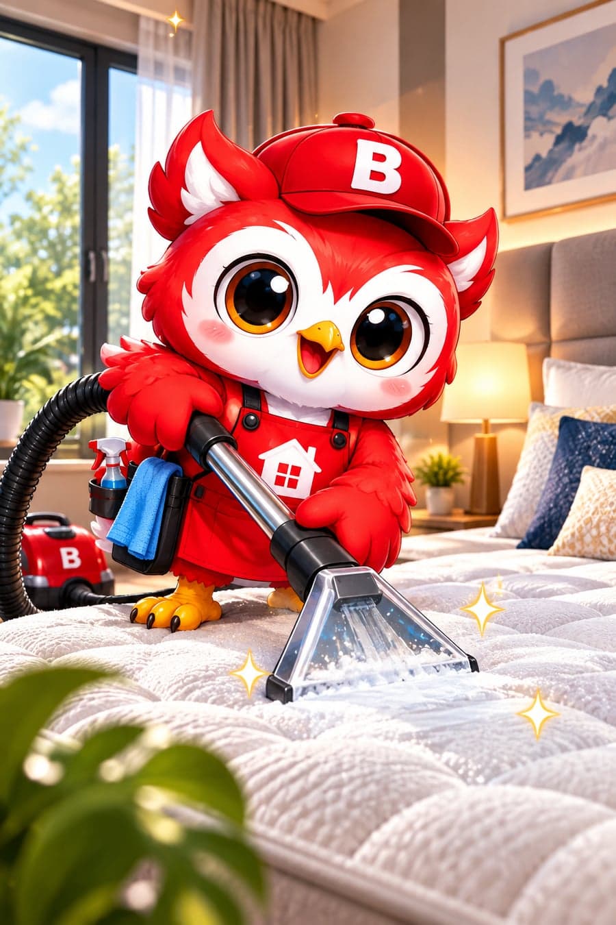 Maskot Bersih Bah membersihkan kasur dengan vacuum